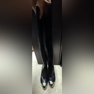 Chanel black silver tip boots